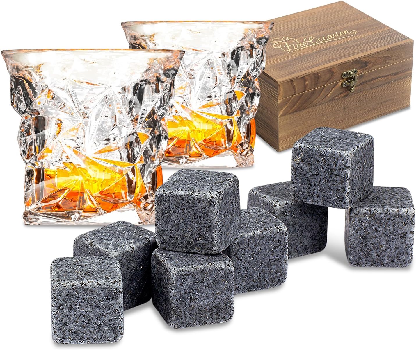 Whiskey Stones Gift Set with 8 Premium Granite Stone Whiskey Rocks in Wooden Gift Box - Includes 2 Full Sized Diamond Whiskey Glasses by Fine Occasion