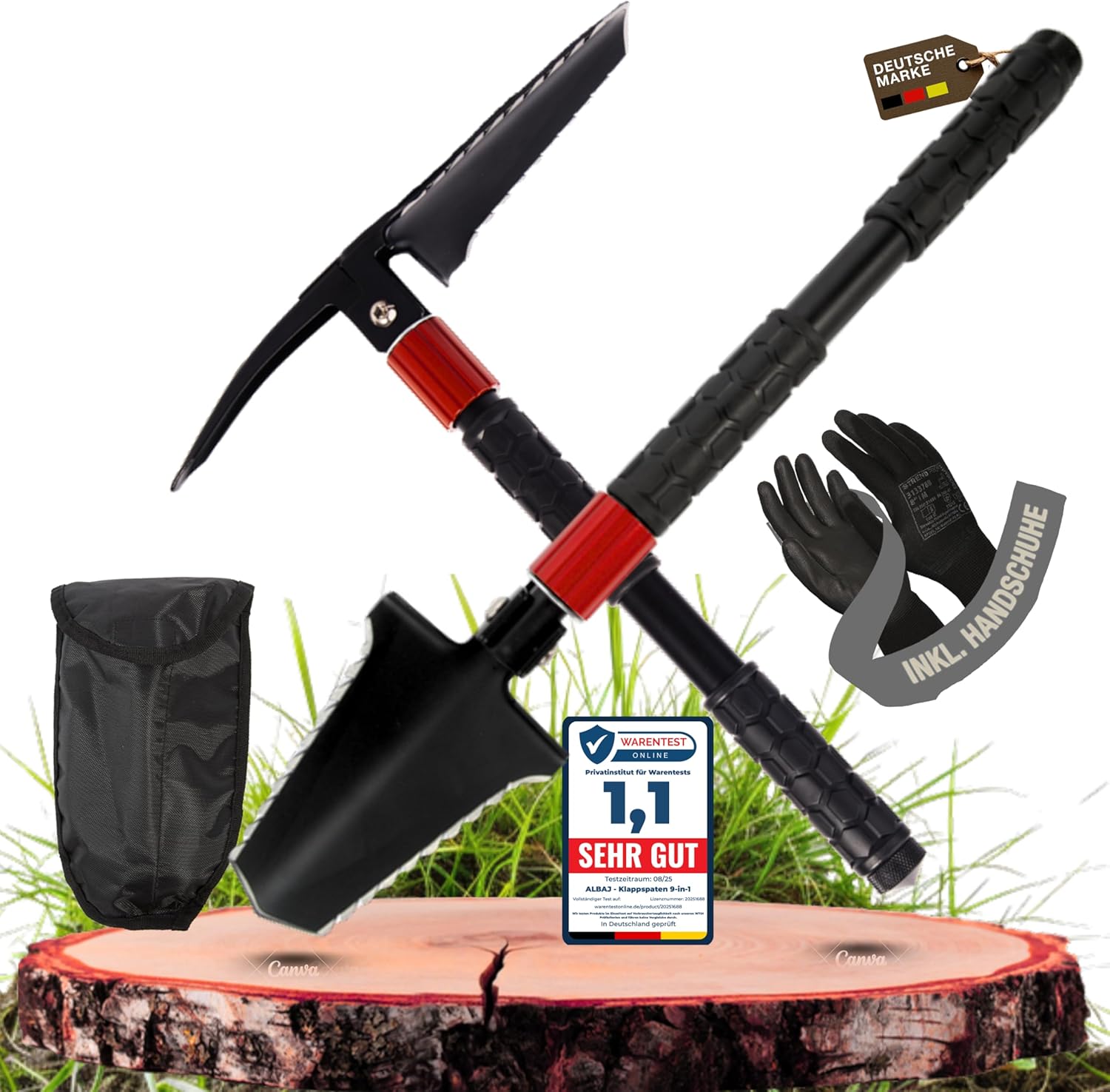Klappspaten 9-in-1 – Faltbare Survival Schaufel mit Wurzelsäge, Feuerstahl & Tasche – Kompaktes Outdoor-Werkzeug – Geschenke für Männer, ideal für Camping, Bushcraft & Notfälle