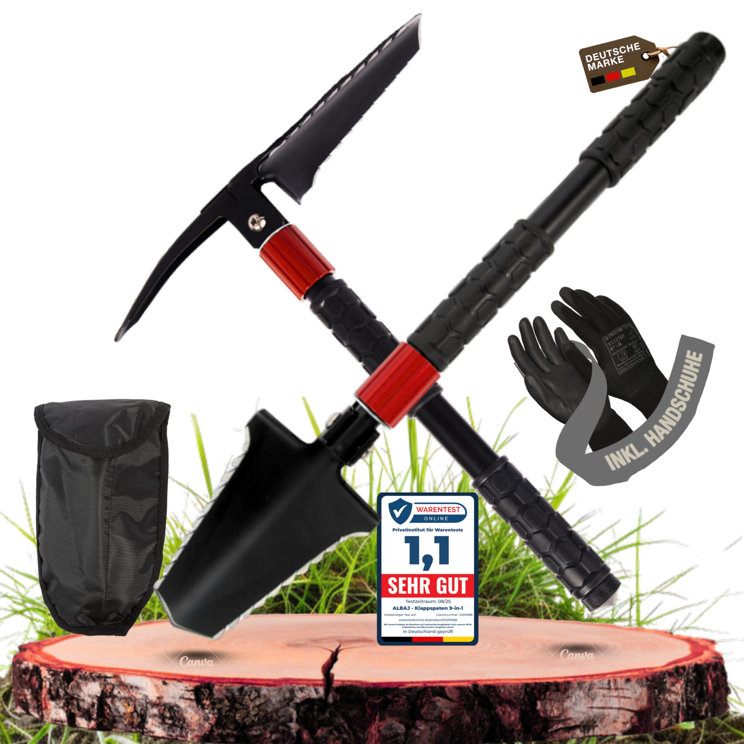 Pala plegable 9 en 1 – Pala plegable de supervivencia con sierra de raíz, acero para fuego y bolsa – Herramienta compacta al aire libre – Regalos para hombres, ideal para camping, bushcraft y