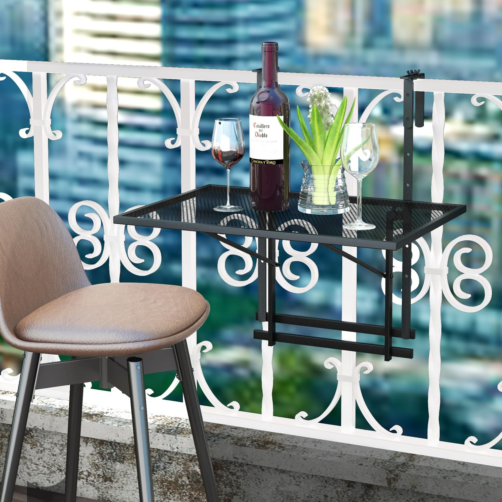 KOMFOTTEU Tavolo da balcone sospeso, 60,5 cm x 40,5 cm (lunghezza x larghezza), tavoli da servizio pieghevole, carico 20/23 kg, tavolo sospeso in ferro, per esterni e interni (regolabile in 5 altezze)