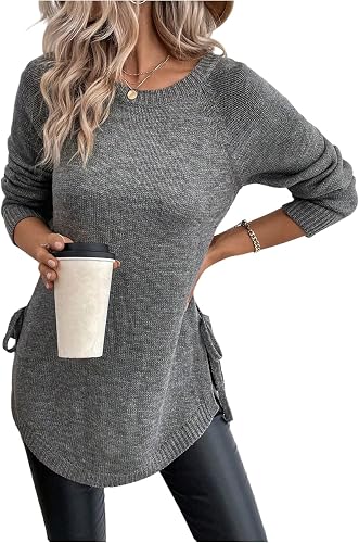 winkbay Women's Bow Tie Side Crew Neck Split Hem Knit Long Sweaters Grey