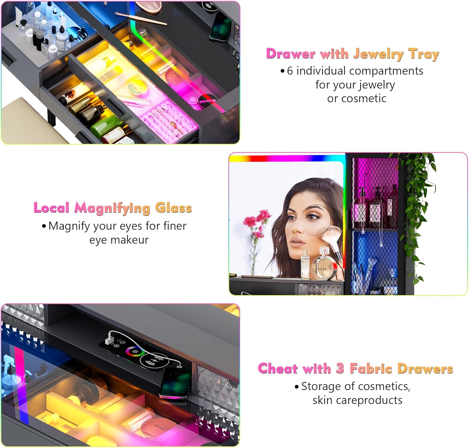 Lvifur RGB Makeup Vanity Desk with Wireless Charging Station,7 Dynamic & 24 Static Dimmable Vanity Table Set with Glass Top,Human Sensor LED Vanities with Mirror and Lights,6 Drawers,Stool