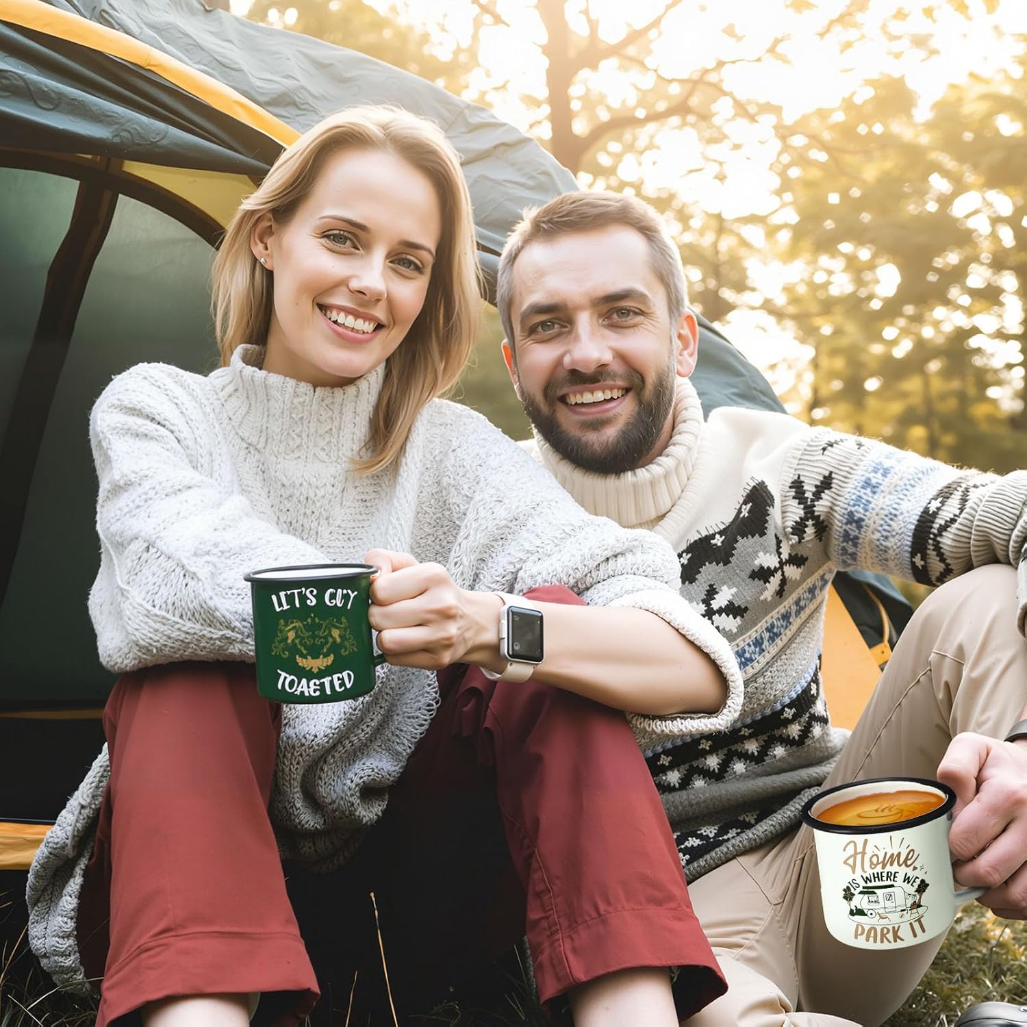 Baderke 12 Pcs Enamel Camping Coffee Mug Bulk 12 oz Camping Coffee Mugs with Handle Green and White Portable Drinking Cup Vintage Campers Campfire Tea Cups for Winter Travel Holiday Gift - Image 5