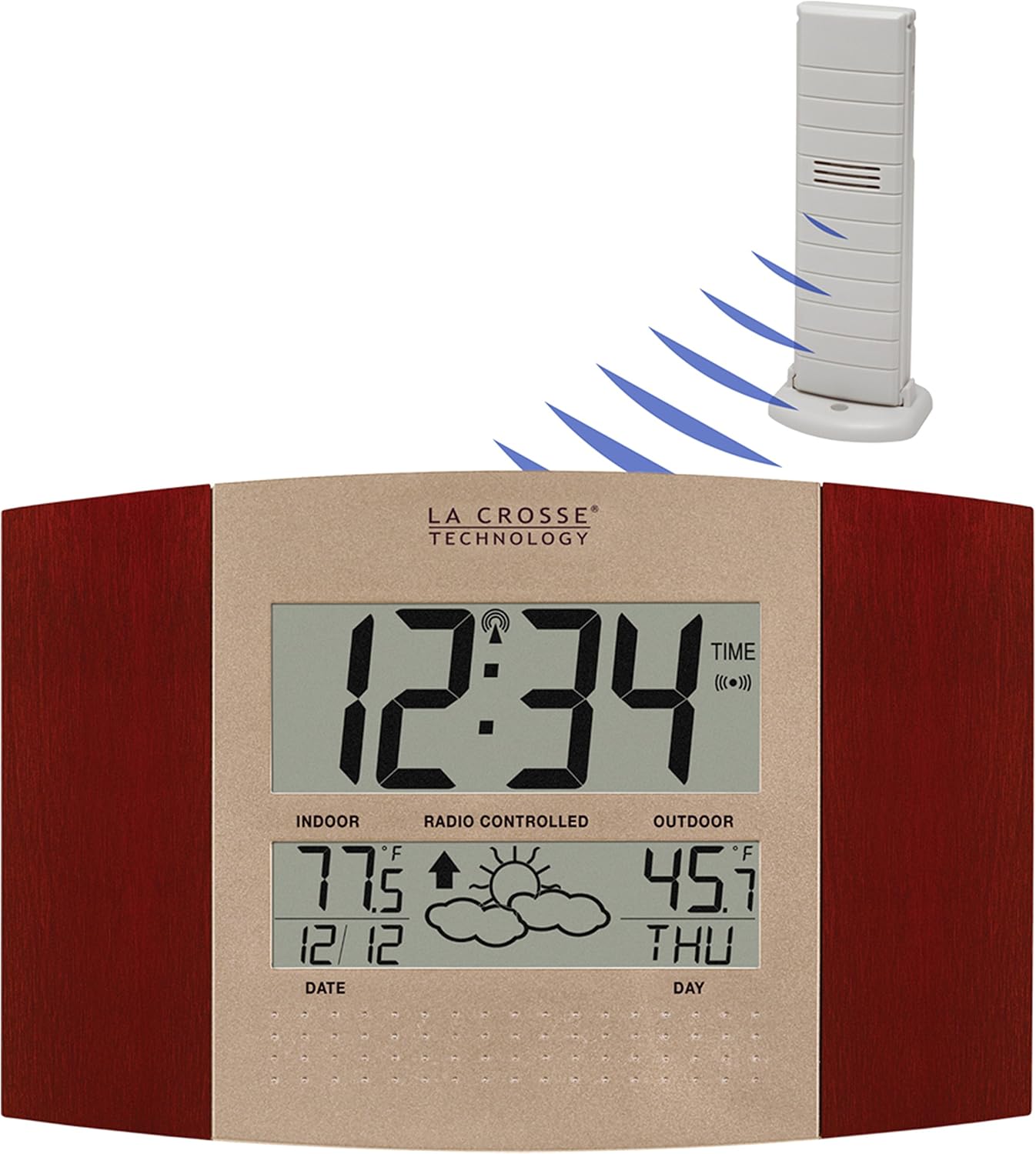 La Crosse Technology Atomic Clock with Outdoor Temperature and Weather Forecast, NO Size, Cherry/Black