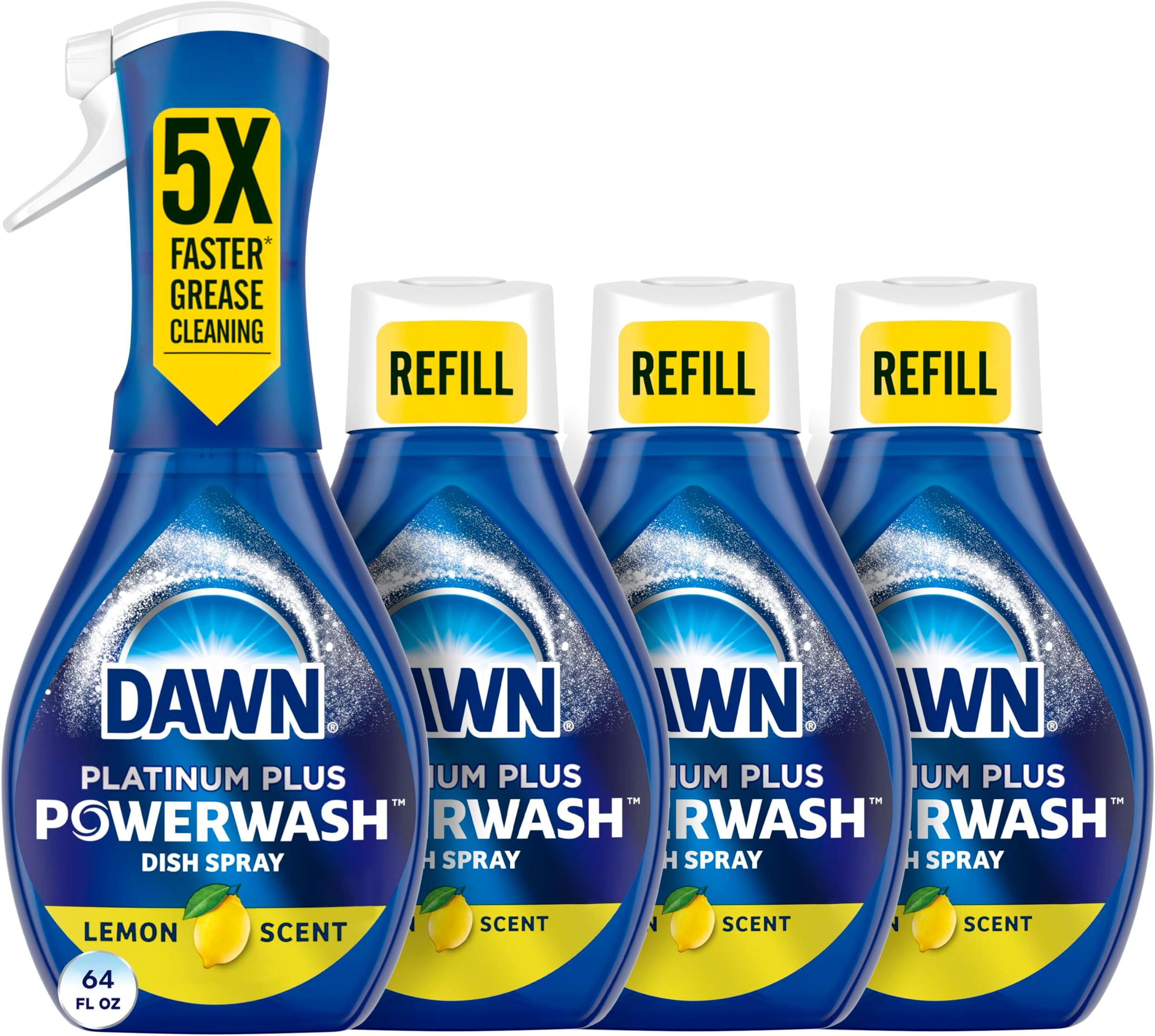 Powerwash Spray, Dish Soap, Dishwashing Liquid, Cleaning Supplies, Lemon, 1 Starter Kit + 3 Refills, 4 Units of 16oz (64oz)