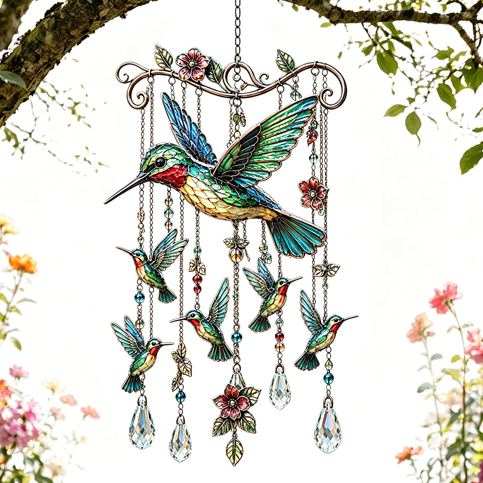 ​Hummingbird Wind Chime, Stained Glass Bird Sun Catcher for Windows, Decorative Hanging Ornament for Garden, Patio & Home, Weatherproof Metal & Acrylic, 50 * 24cm