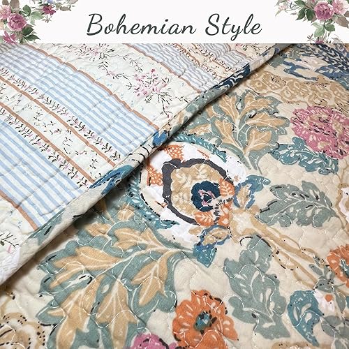 Miniatura 2 de Cozy Line Home Fashions Juego de edredón clásico de lujo, 100% algodón, color beige, azul, floral, rosa, flores, estilo bohemio, colcha reversible