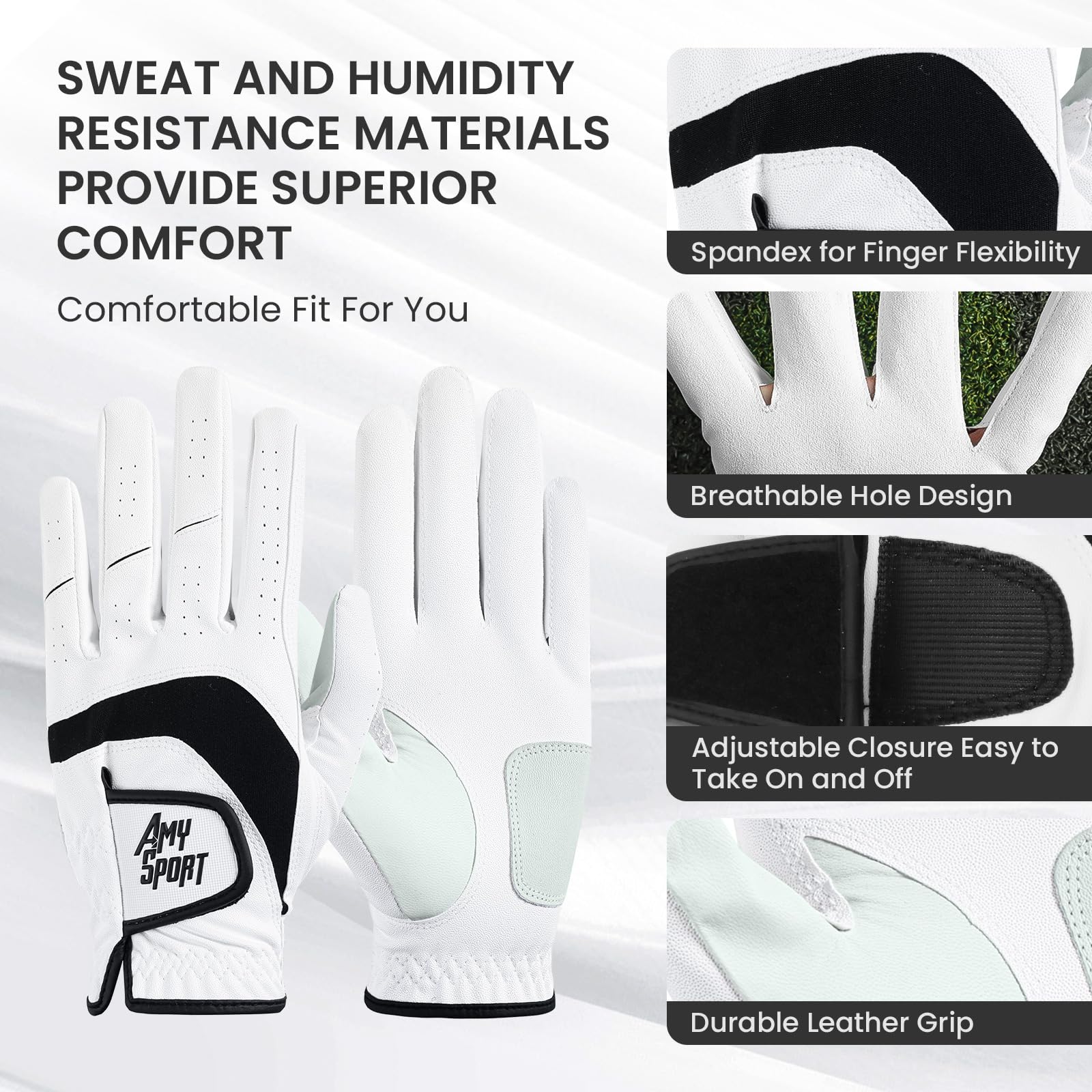 Golf Gloves Men Right Handed Golfer Left Hand Leather 1 Pack, Mens Golf Glove Breathable Weathersof Grip Soft Comfortable, Fit Size Small Medium ML Large XL (White, M/Large, Worn on Left Hand)