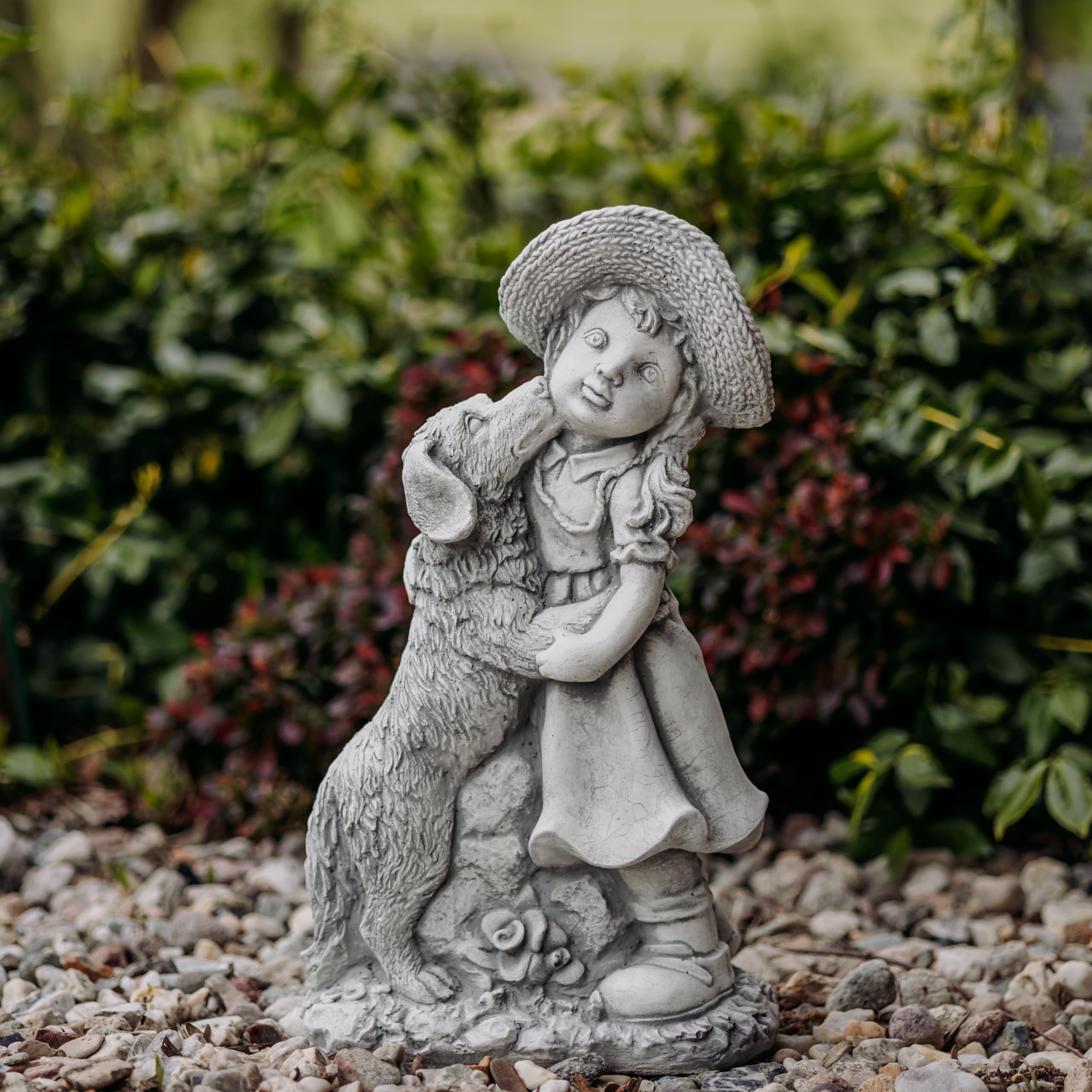 gartendekoparadies.de Mädchen mit Hund, Steinfigur H. 47 cm, 13 kg, Grau, frostsicher aus Steinguss für Außenbereich