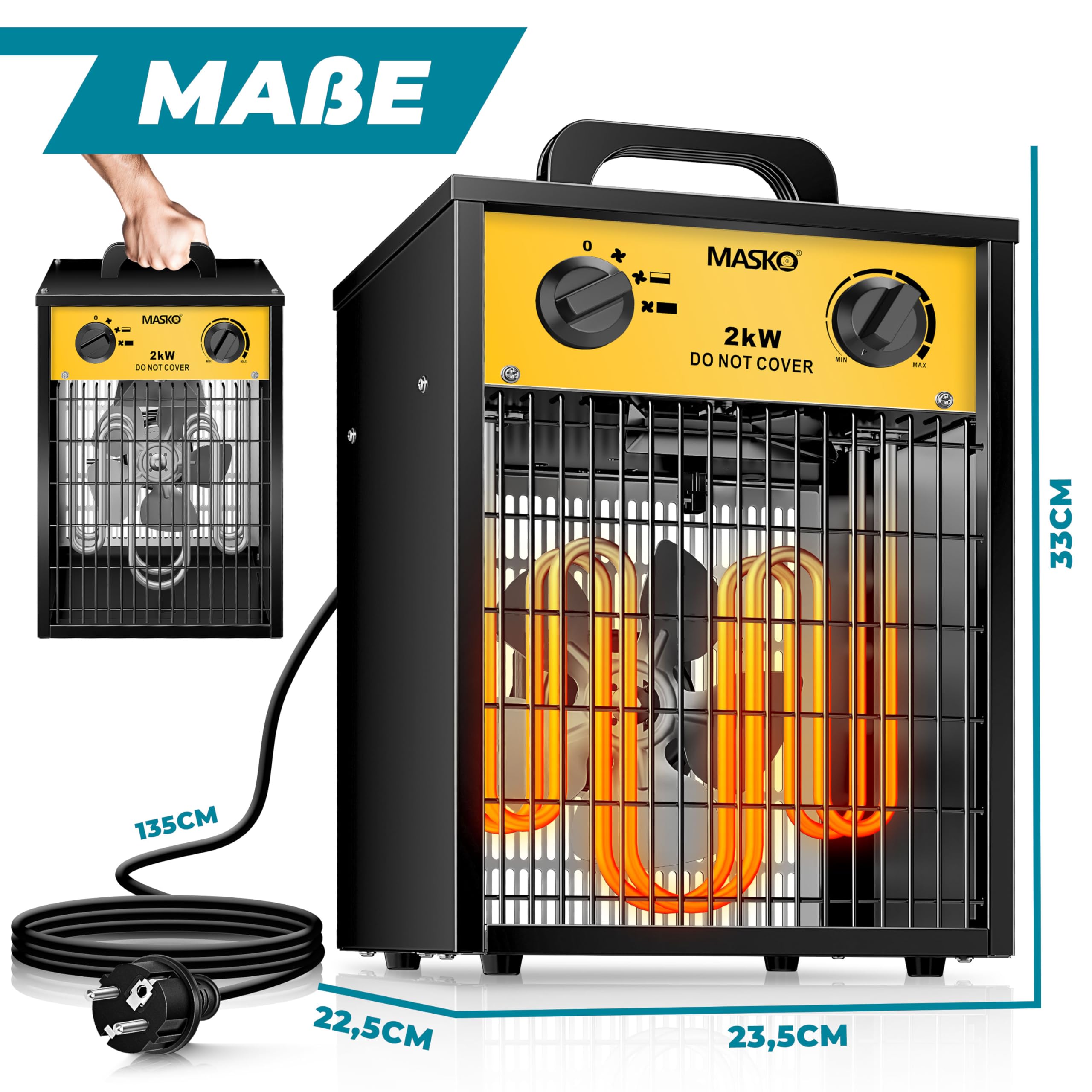 Masko Chauffage électrique 2kW avec thermostat intégré 2000W 3 niveaux chauffage ventilateur protection surcharges