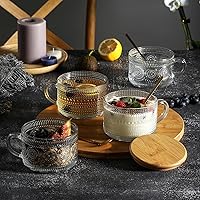 Vista 3 de Tazas de café vintage, contenedores de avena nocturna con tapas y cucharas de bambú - Tazas de vidrio claro grabado de 14oz, lindos accesorios