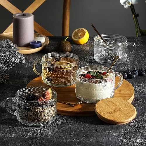 Miniatura 10 de Juego de 4 tazas de café vintage tazas de vidrio con tapas y cucharas de bambú vasos transparentes en relieve de 14 onzas bonitos accesorios de
