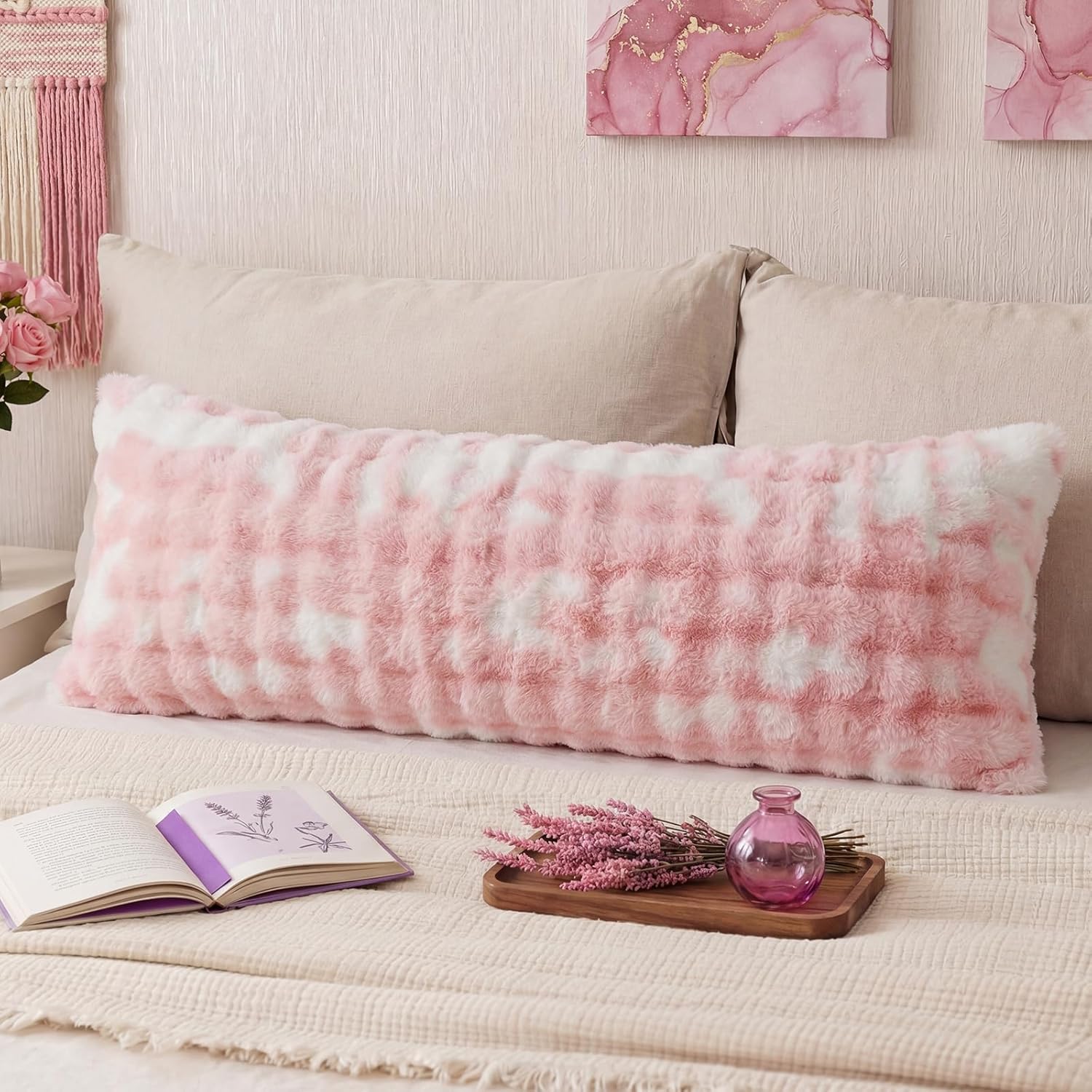 Pink Fluffy Body Pillow Cover Faux Fur Pillowcase Extra Soft Fuzzy Plush Long Pillow Cover Gradient Pink Shaggy Body Pillow Case for Couch Sofa Bed, 20 x 54 Inches
