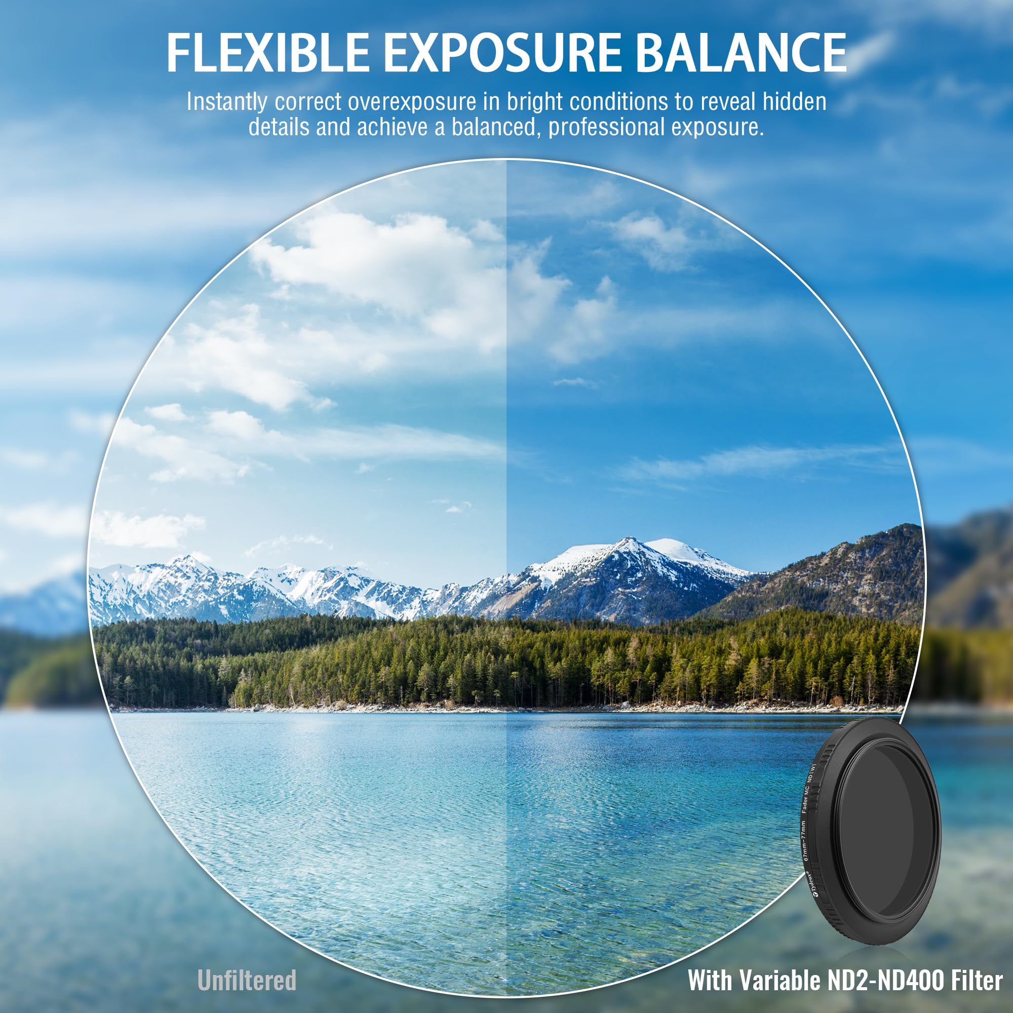 Filtro ND variabile da 67 mm ND2-ND400 (1-9 stop), filtro a densità neutra regolabile multi-rivestito, resistente all'acqua e ai graffi, filtro per obiettivo fotocamera video e fotografia