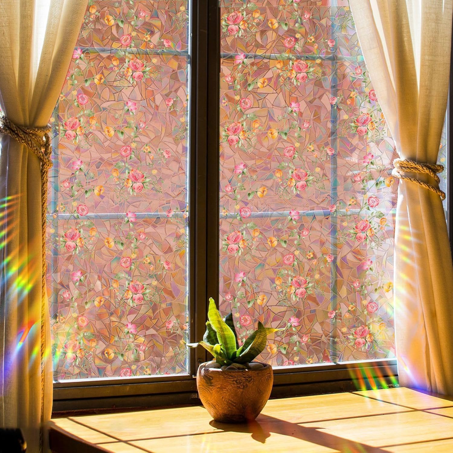 Window Film, Decorative Window Privacy Film, Removable Pink Flower Stained Double Sided Glass Windows Clings Stickers for Home Office Living Room Window Door Decor 39.37 x 15.74 Inches