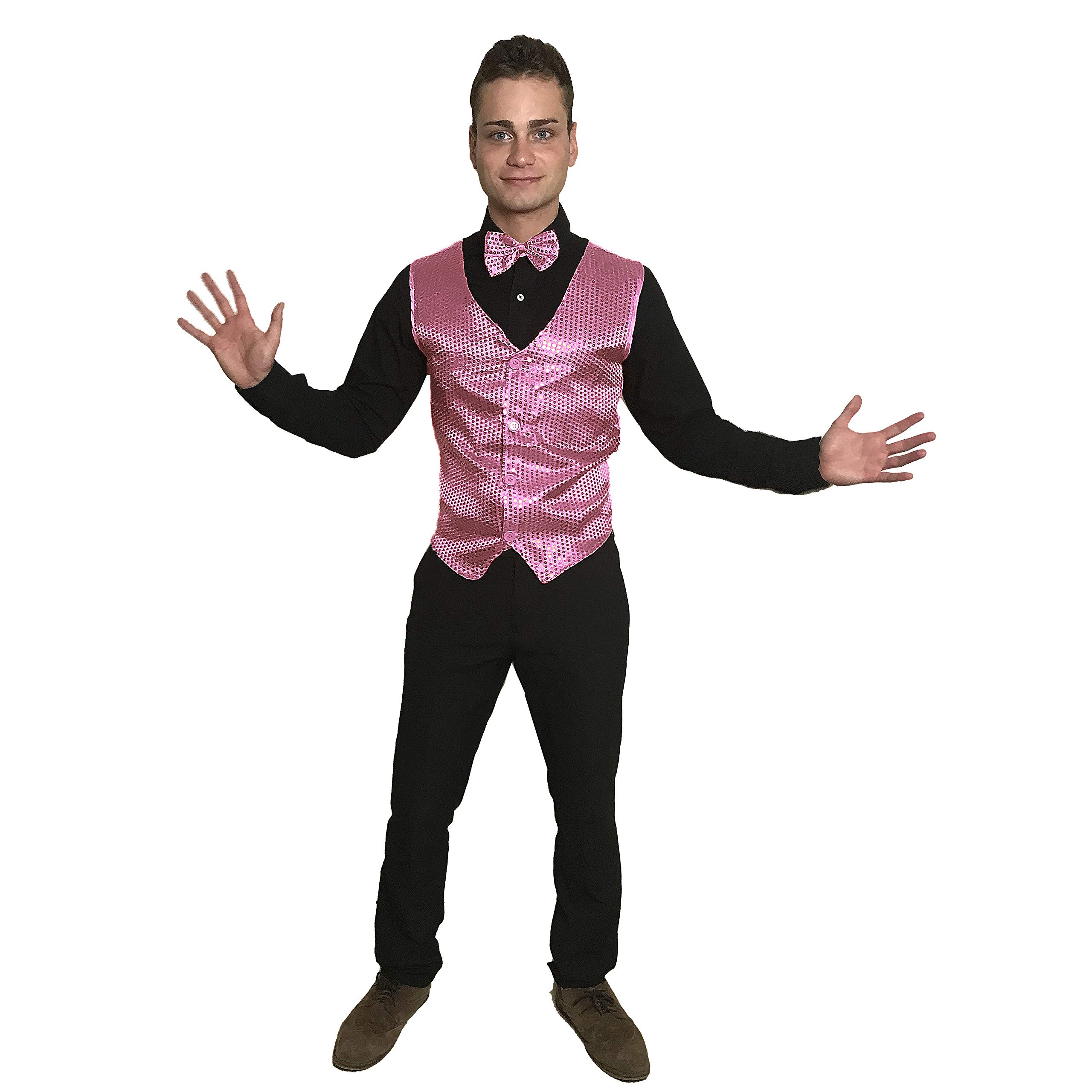 SoWest Men’s Gold Sequin Waistcoat & Bow Tie Set – Shiny Showbiz Fancy Dress Costume Vest for Party, Festival, Disco & Carnival Events | Adult Sparkly Dress-Up Outfit, Pink - M