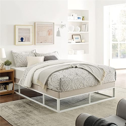 Miniatura 1 de Classic Brands Capri - Base de cama con plataforma de metal blanco con base de colchón tapizada beige integrada, tamaño Queen