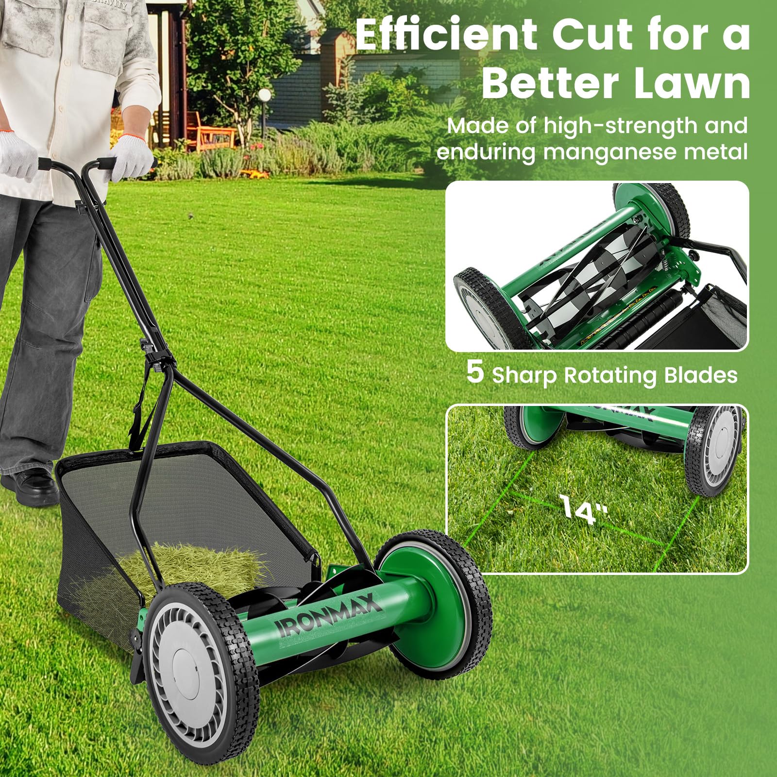 Goplus Cortacésped manual, cortador de césped inalámbrico de 14 pulgadas y 5 cuchillas con bolsa extraíble de 6.6 galones, alturas de corte ajustables, cortacésped de carrete de empuje para patio