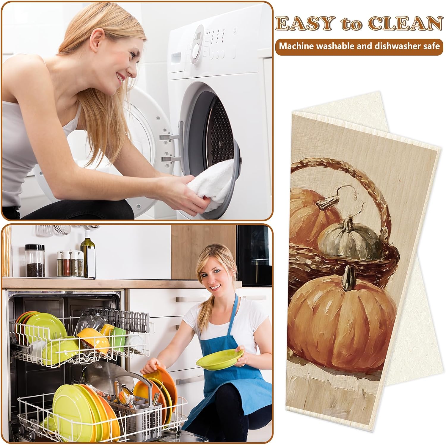 AnyDesign 8Pcs Fall Swedish Dishcloths Autumn Scenery Cotton Kitchen Towel Vintage Rustic Pumpkin Maple Leaves Absorbent Dish Towels for Thanksgiving Housewarming Cleaning, 7 x 8 Inch
