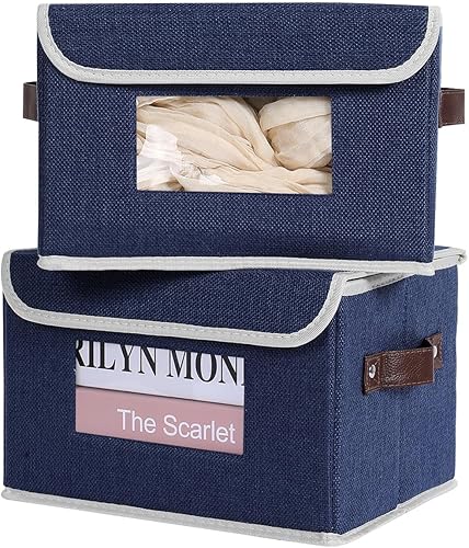 Miniatura 1 de ANMINY 2 contenedores de almacenamiento de tela con tapa, asas de piel sintética, ventana transparente, lavable, tablero de plástico PP, decorativo,