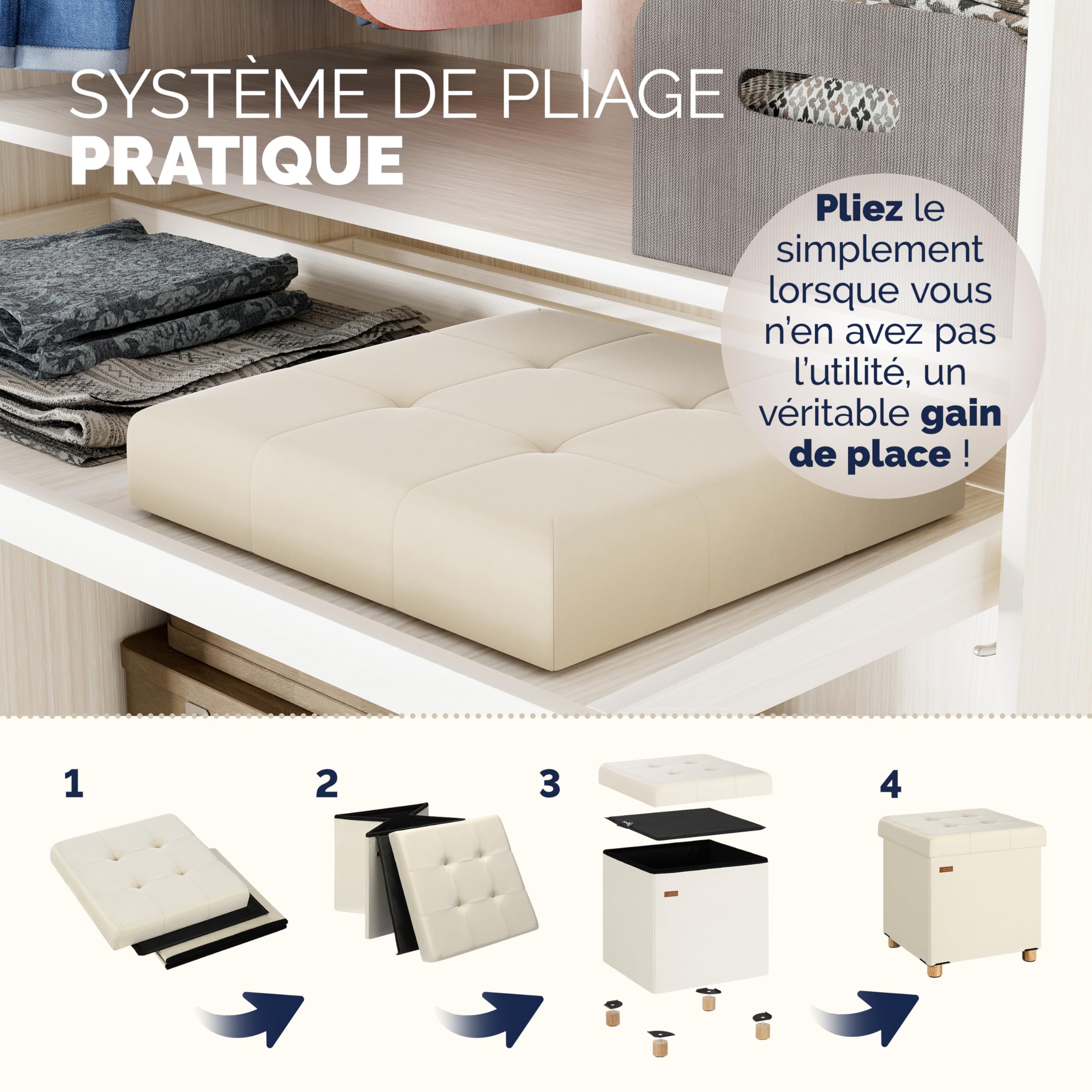 Casaria® Tabouret Cube avec Espace de Rangement Velours Beige Petit Pouf Pliable 38 x 38 x 38 cm Coffre de Rangement Repose-Pied Coffre à Jouet Salon Chambre