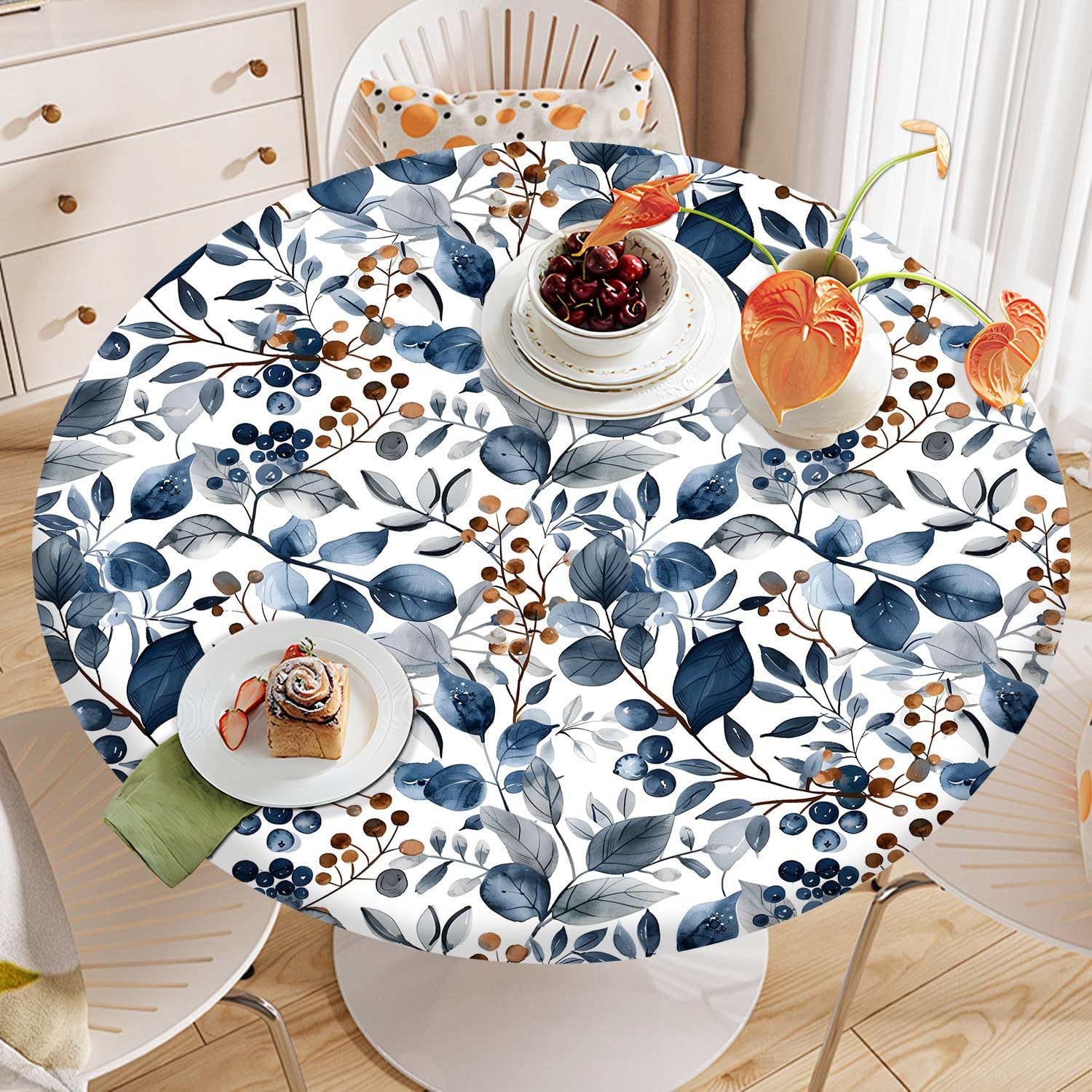 Blue Botanical Round Tablecloth – Fitted Circle Table Cover with Elastic Edge, Waterproof & Washable Polyester Table Cloth for 55" to 66" Indoor/Outdoor Tables