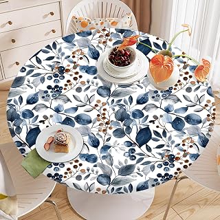 Blue Botanical Round Tablecloth – Fitted Circle Table Cover with Elastic Edge, Waterproof & Washable Polyester Table Cloth for 55" to 66" Indoor/Outdoor Tables