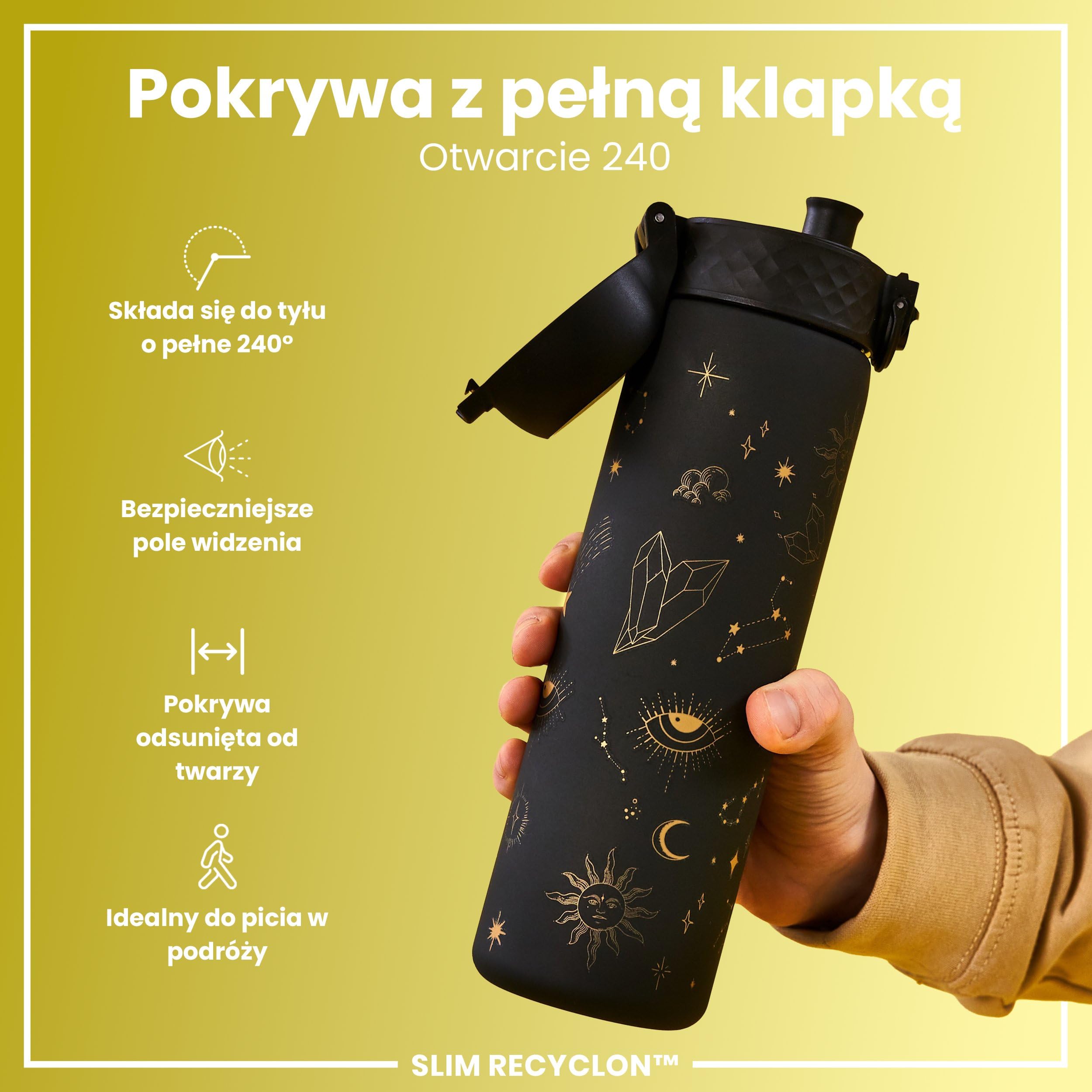 ION8 Butelka na Wodę, 500 ml/18 oz, Szczelna, Łatwe Otwieranie, Bezpieczny Zamek, Można Myć w Zmywarce, Bez BPA, Higieniczne Pokrycie, Uchwyt do Przenoszenia, Łatwa Czyszczenie, Kosmiczny Wszechświat
