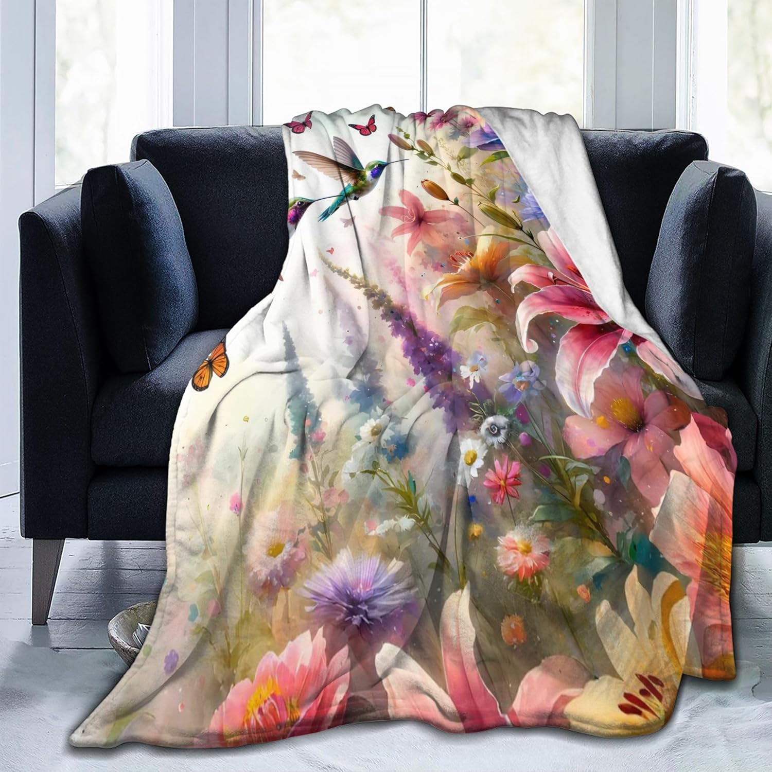 Retro Hummingbird Floral Blanket Gifts for Women Soft Warm Lightweight Cozy Flower and Birds Vintage Throw Blankets for Bed Living Room Sofa Couch Valentines Day Decor 50x60in - Image 2