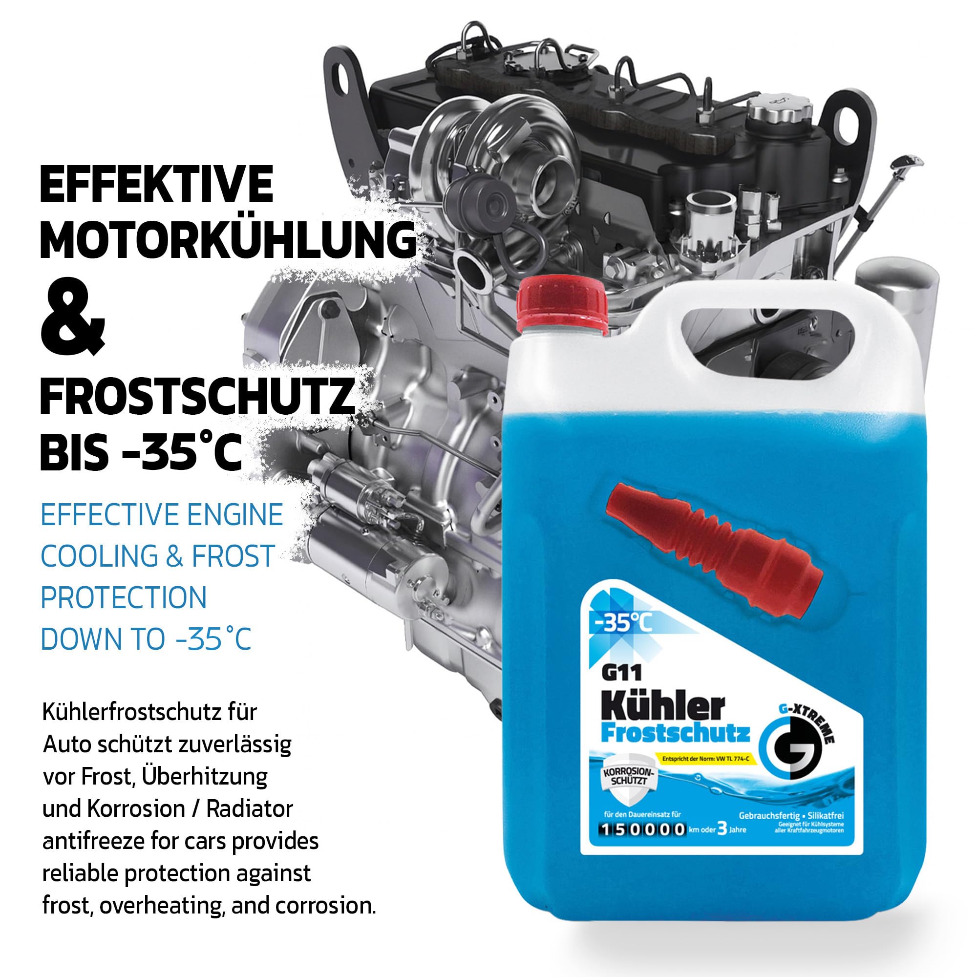 Gamix Kühlerfrostschutz G11 – Gebrauchsfertige Kühlflüssigkeit Auto – Frostschutz bis -35 °C – 3 Jahre Schutz – 20 L