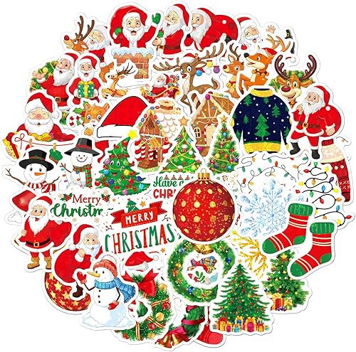 Calcomanías navideñas de Papá Noel, 50 unidades de vinilo kawaii impermeables para fiestas, regalos para tarjetas, botella de agua, guitarra,