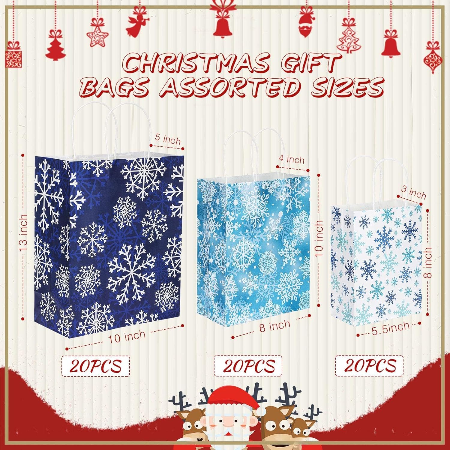 Kosiz 60 Pcs Christmas Kraft Gift Bags Bulk Assorted Sizes Blue White Snowflake Gift Bag Holiday Paper Bags with Handles for Xmas Party Favors Treats Retail Holiday Gifts Wrapping