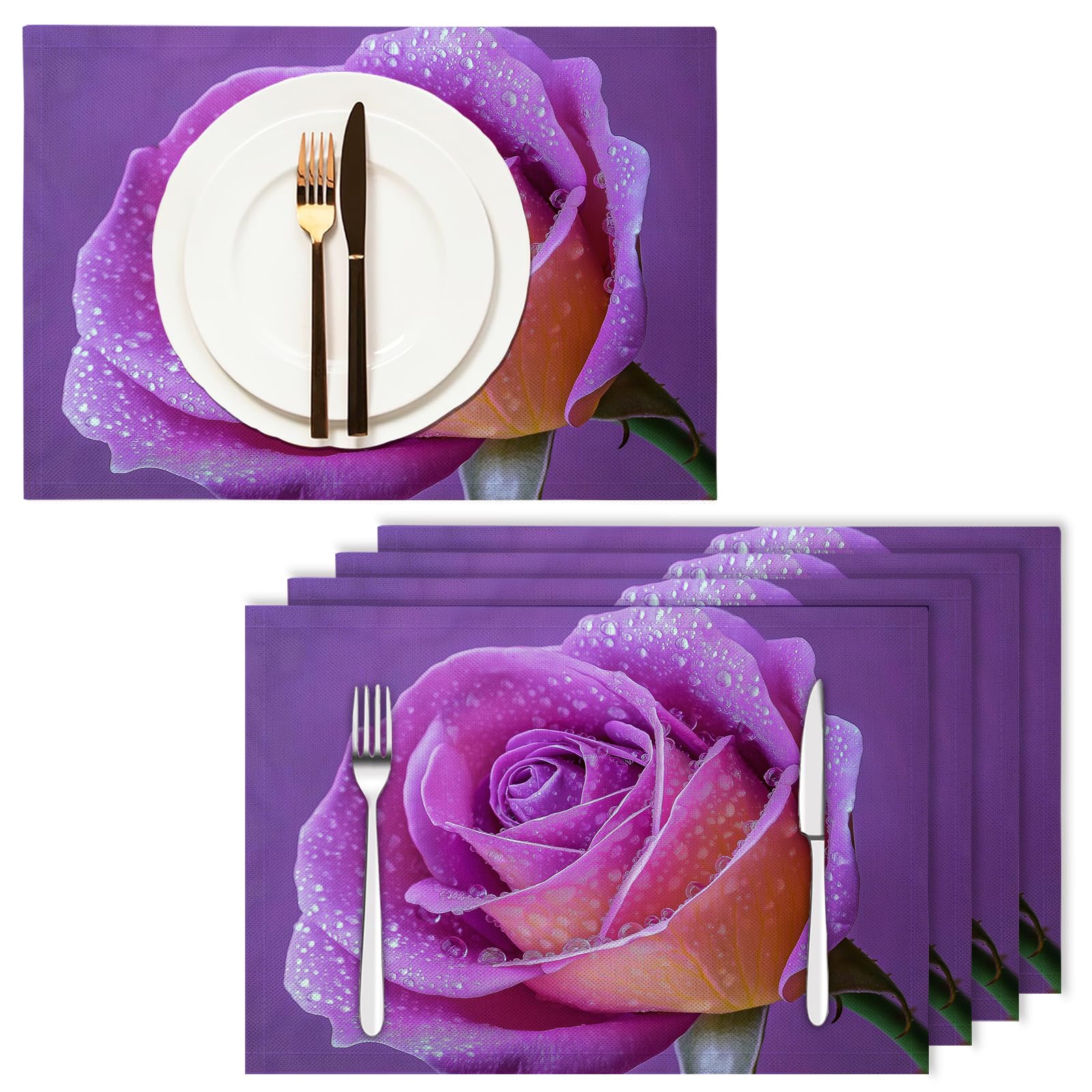 Set di 8 Tovagliette Americane Lavabili Cotone Lino Fiori glamour - Tovaglietta Americana Resistenti al Calore Durevole Rosa viola - per Colazione Pranzo 30×45 cm
