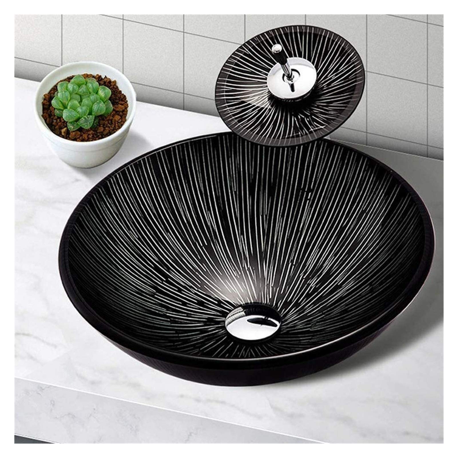 TIANQIHAO Vanity Unit With Basin,Bathroom Basin Vessels Sink Countertop Basin, Pattern Vessel Vanity Sink Tempered Glass Above Counter Bathroom Lavatory Bowl Round Wash Basin Combo