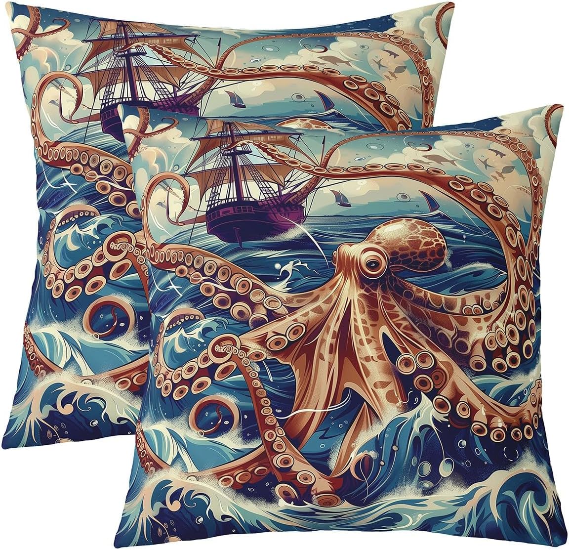 Erosebridal Nautical Throw Pillow Covers Pack of 2 Retro Ocean Octopus Tentacles Cushion Cases Sea Waves Vintage Sailboat Pillow Covers Navigation Adventure Decorative Pillow Cases,22x22 Inch