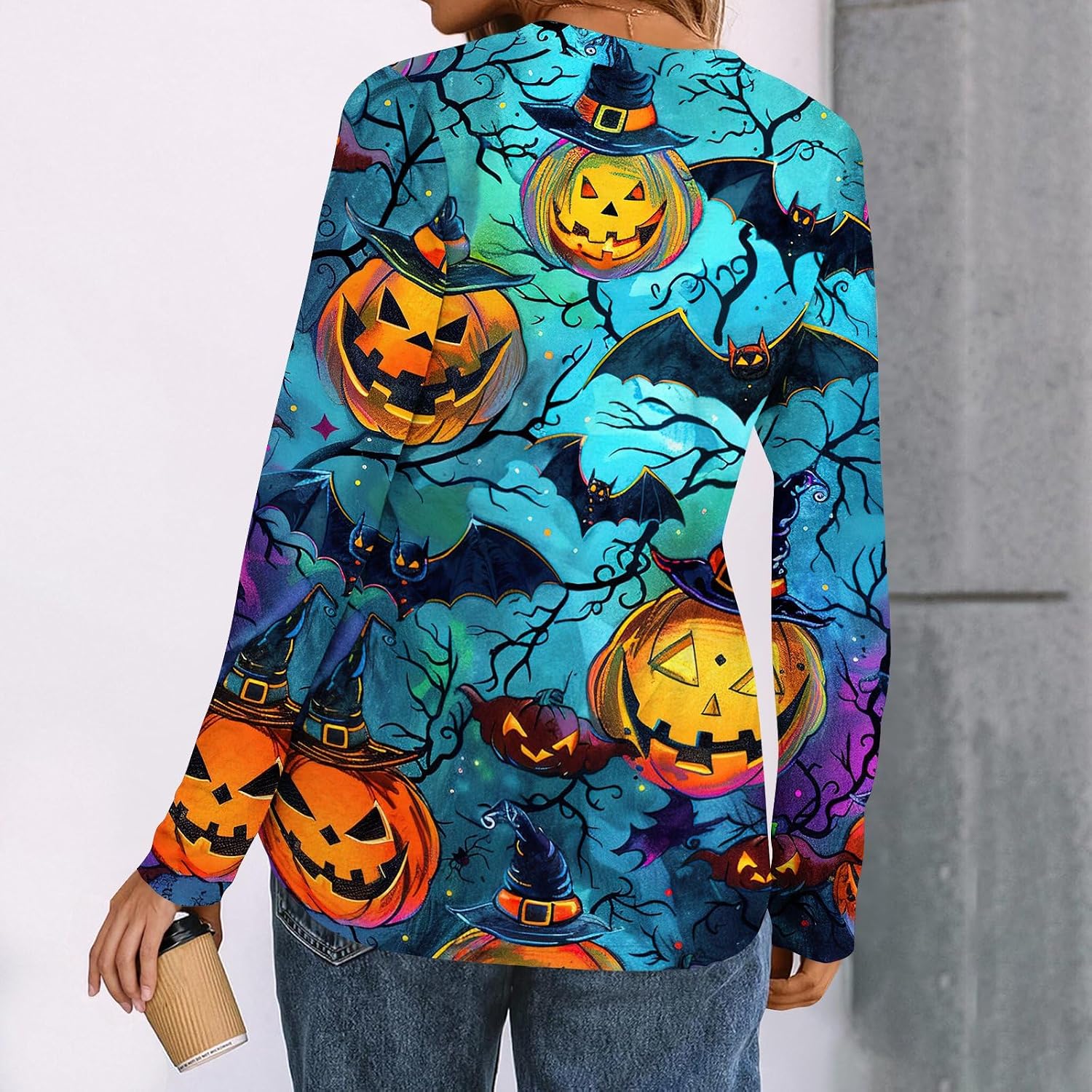 Women Henley V Neck Shirts Halloween Fall Long Sleeve Graphic Tops | Womens Spring Tops, Womens Spring Shirts, Women's Tee, Spring Work Outfits, Camisas Para Mujer