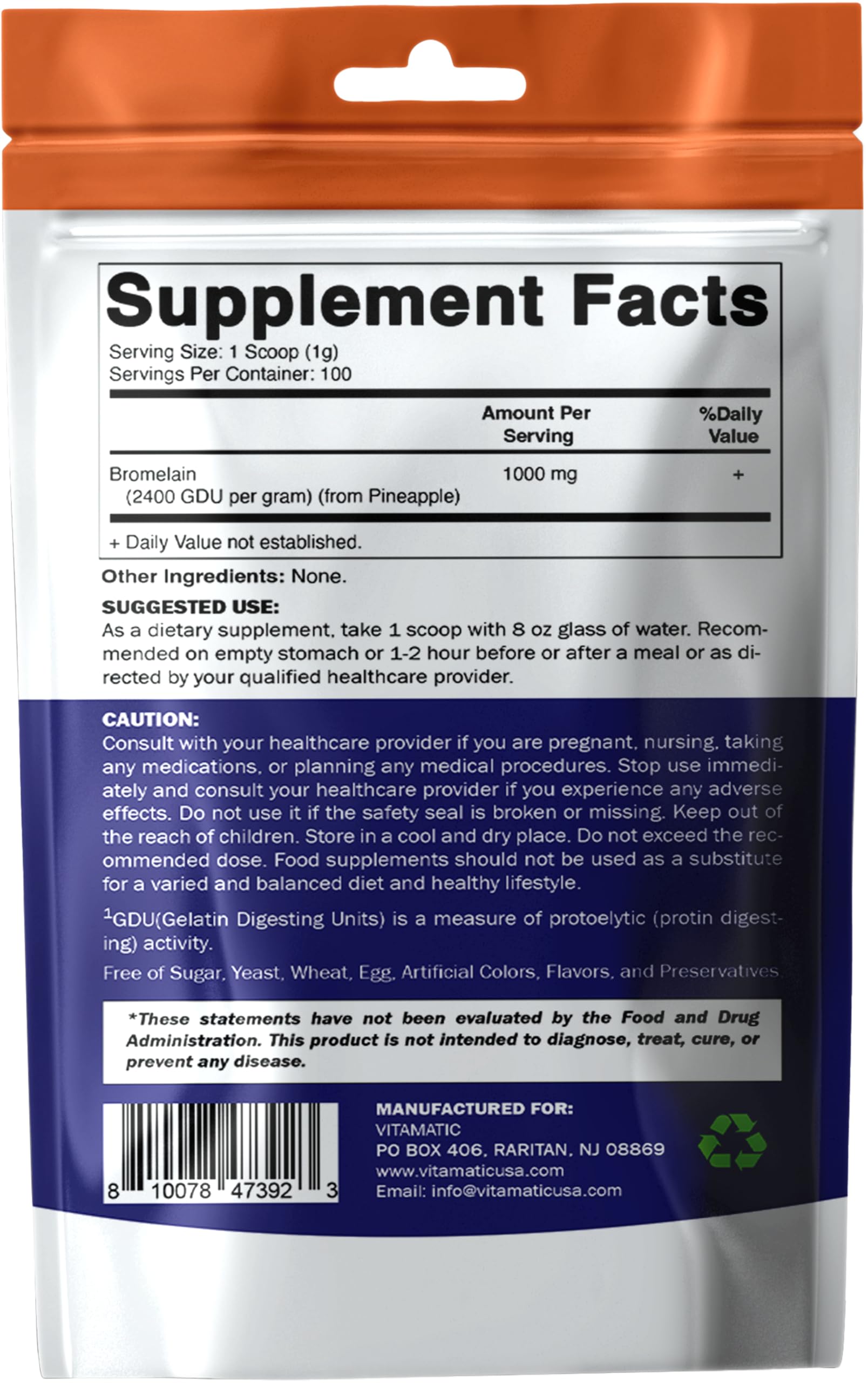 Vitamatic Bromelain Powder 1000mg per Serving - 2400 GDU/g, Proteolytic Enzymes, Supports Digestion of Proteins, 100 Grams - 100 Servings (Scoop Included) — Amazon image 9