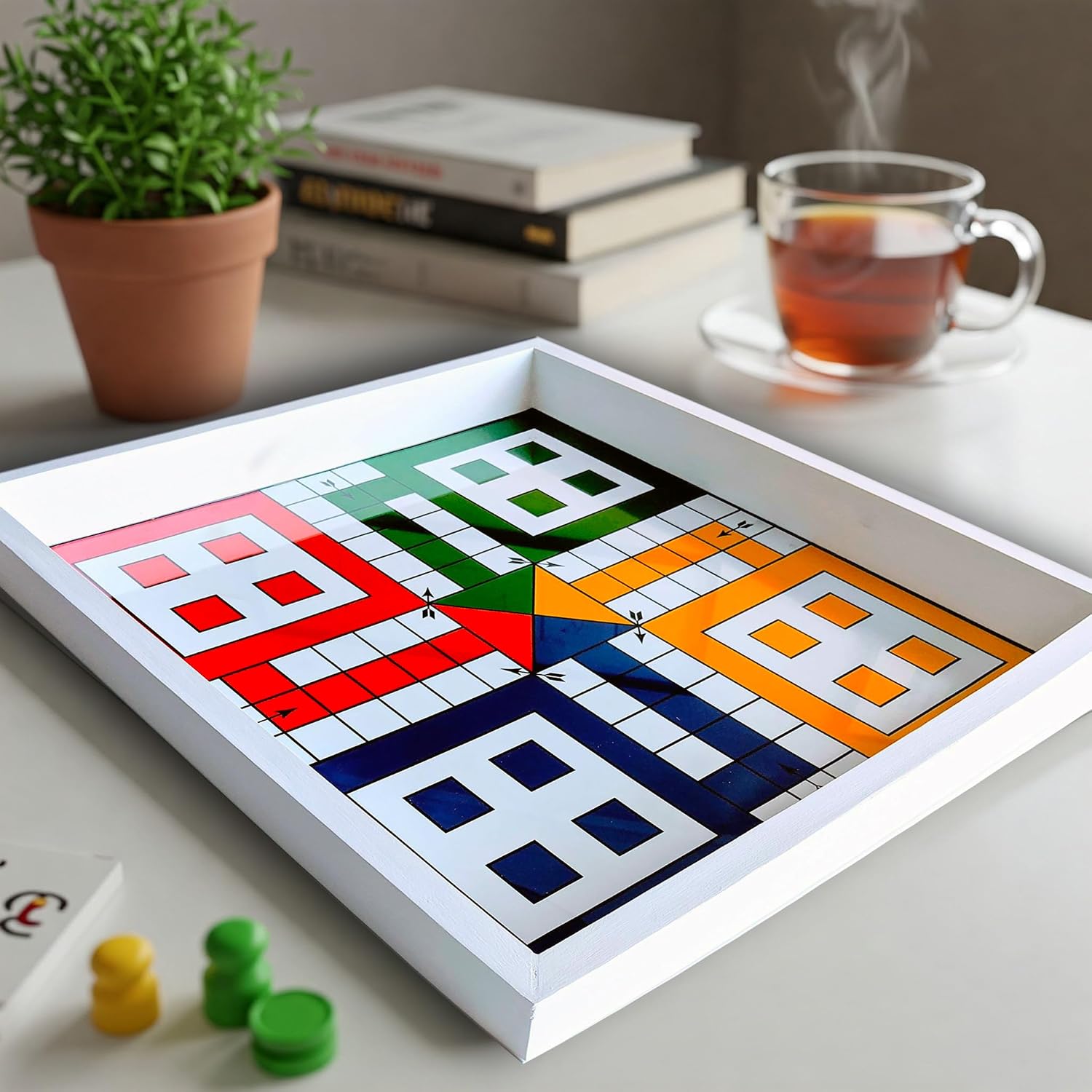 Real Glass Top Ludo Board Game 17 inches by 17 inches, Ludo Board Game with 16 Tokens and 2 Dice,