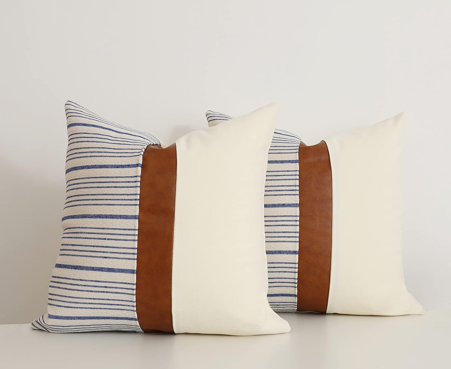 Throw Pillow Covers 18 x 18 Inch Farmhouse Pillow Covers,Cotton Tan Faux Leather