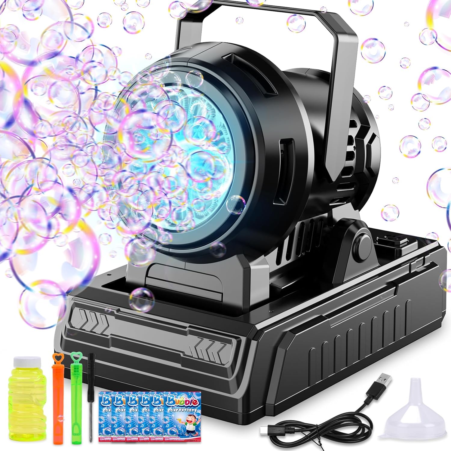 SHCKE Automatic Bubble Machine 10 Holes Bubble Blower,45° Adjustable,Dual Power USB-C or 4 AA Batteries,Top-Fill Portable Bubble Maker for Outdoor Birthday Party Pool Wedding Camping