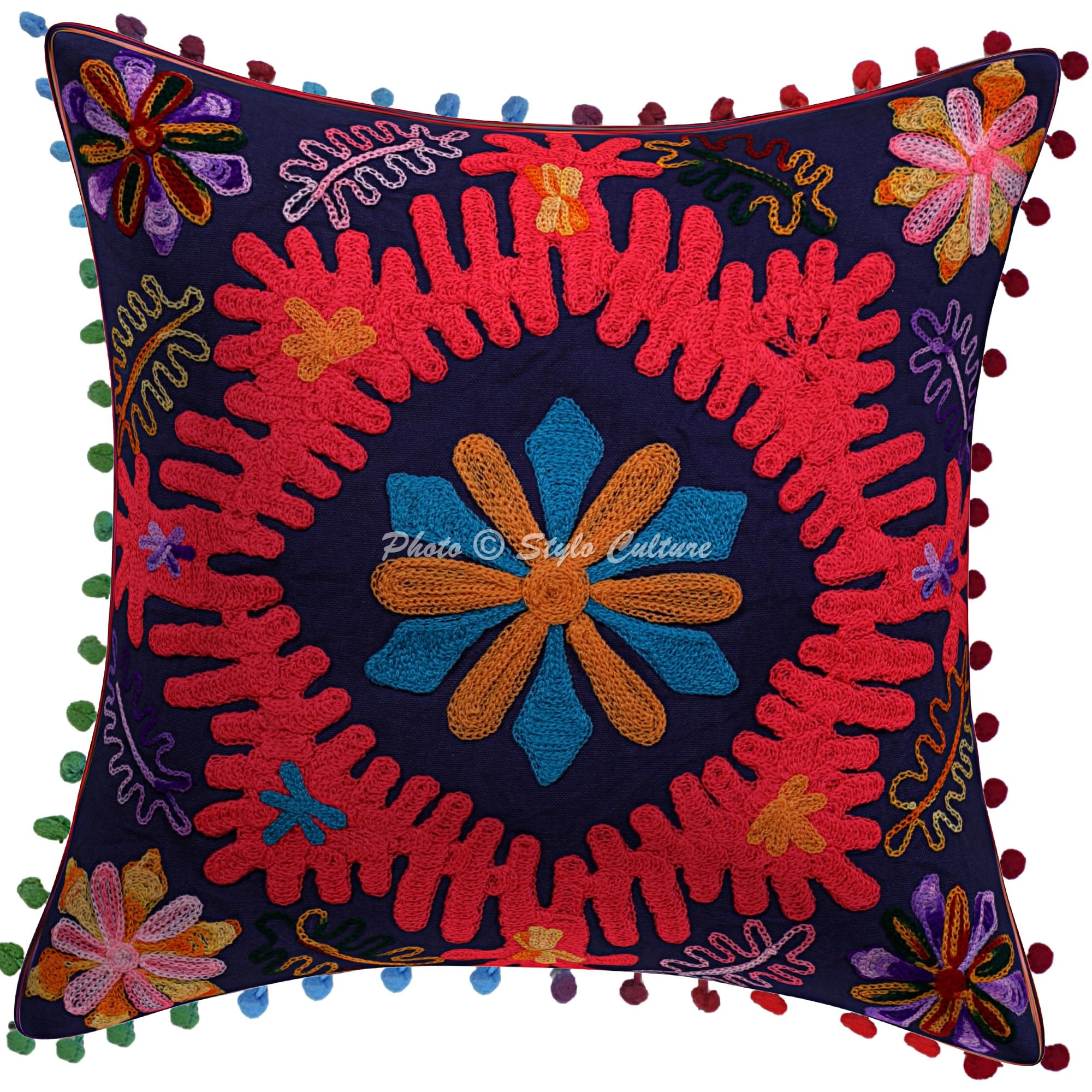 Bohemien Dekorativ Baumwolle Couch Kissenbezüge 40x40 cm Dunkelblau Dekokissen Suzani Bestickte Pom Pom Spitze Schlafzimmer Sofa Kissen Bezüge Blumen Quadrat Kissenhullen - 4 STK.