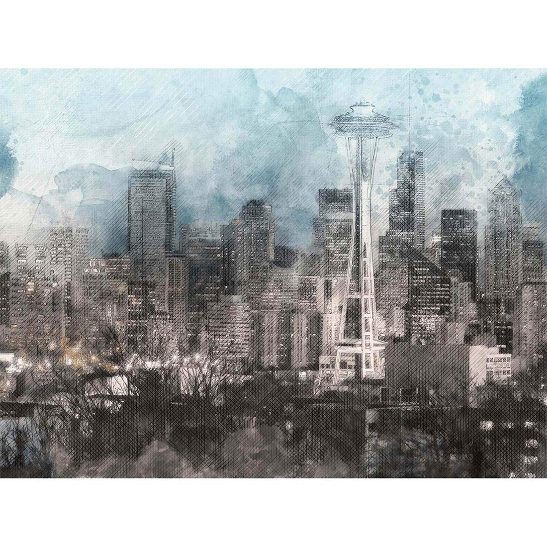 Wee Blue Coo Seattle City Skyline Illustration Art Print Poster Wall Decor 12X16 Inch
