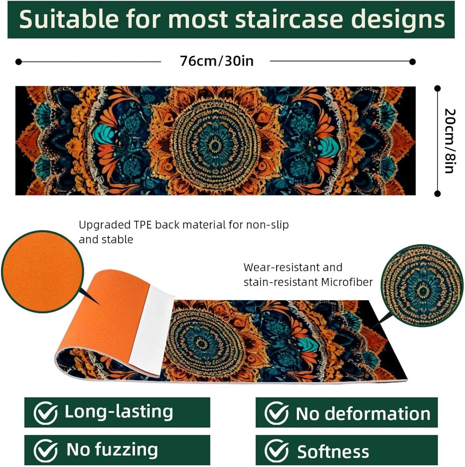 15 Pack Stair Treads for Wooden Steps, Indoor Non-Slip Staircase Step Treads Carpet Mat, Colorful Mandala Pattern (3) Stair Mats for Pets Dogs Elders 8x30In