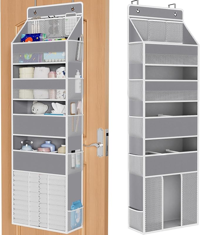 WISELIFE Organizador sobre la puerta de 5 niveles para colgar en la guardería, gris | Organizador de bebé con múltiples bolsillos en la parte trasera de la puerta para pañales, ropa y artículos esenciales para guardería, gran capacidad resistente, capacidad de 50 libras