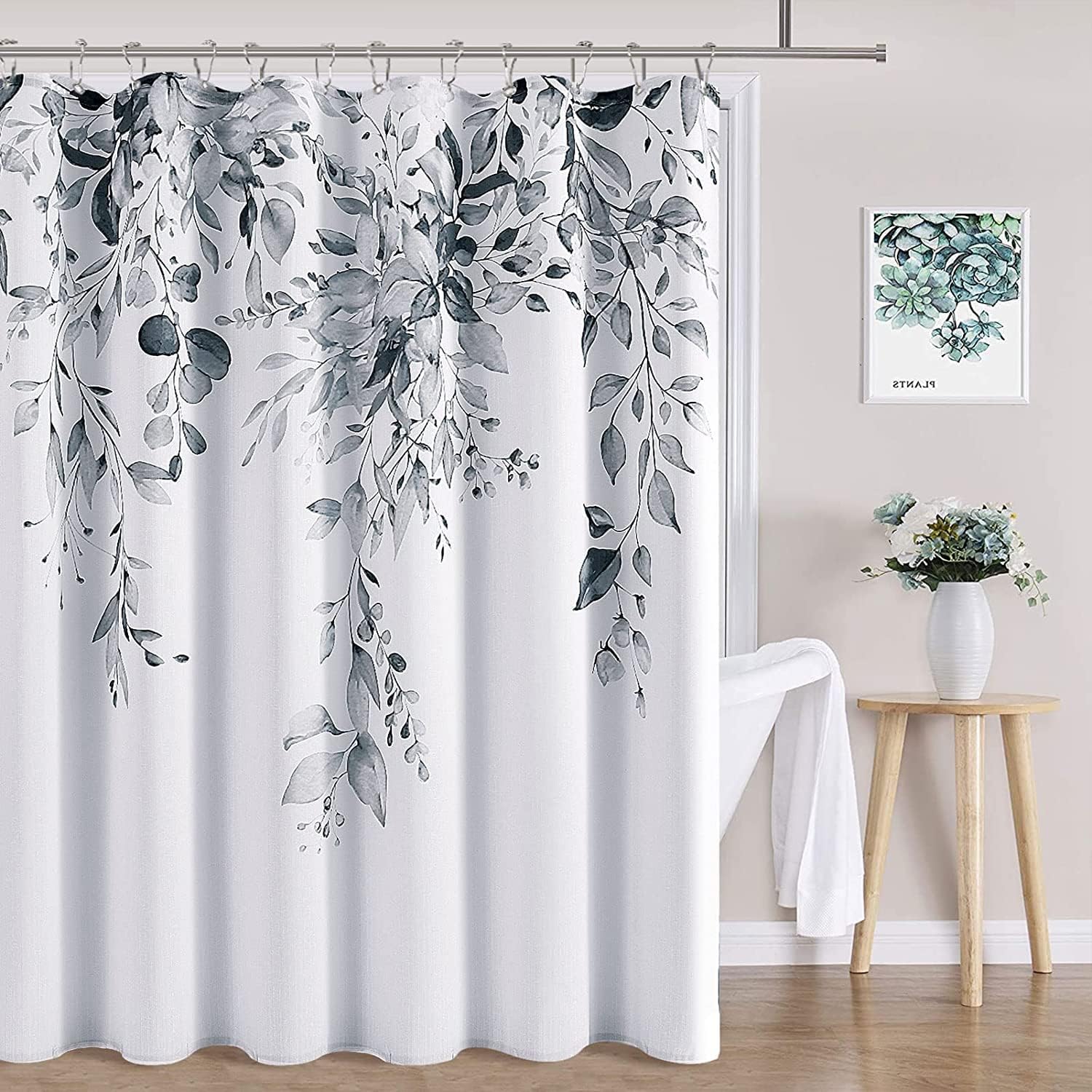Extra Long Grey Shower Curtain for Bathroom Modern Botanical Eucalyptus Shower