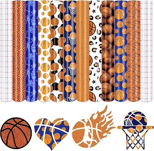 Tintnut Vinilo permanente con estampado de baloncesto, 10 hojas de vinilo adhesivo permanente de 12 x 10 pulgadas para máquina de cortar, vinilo