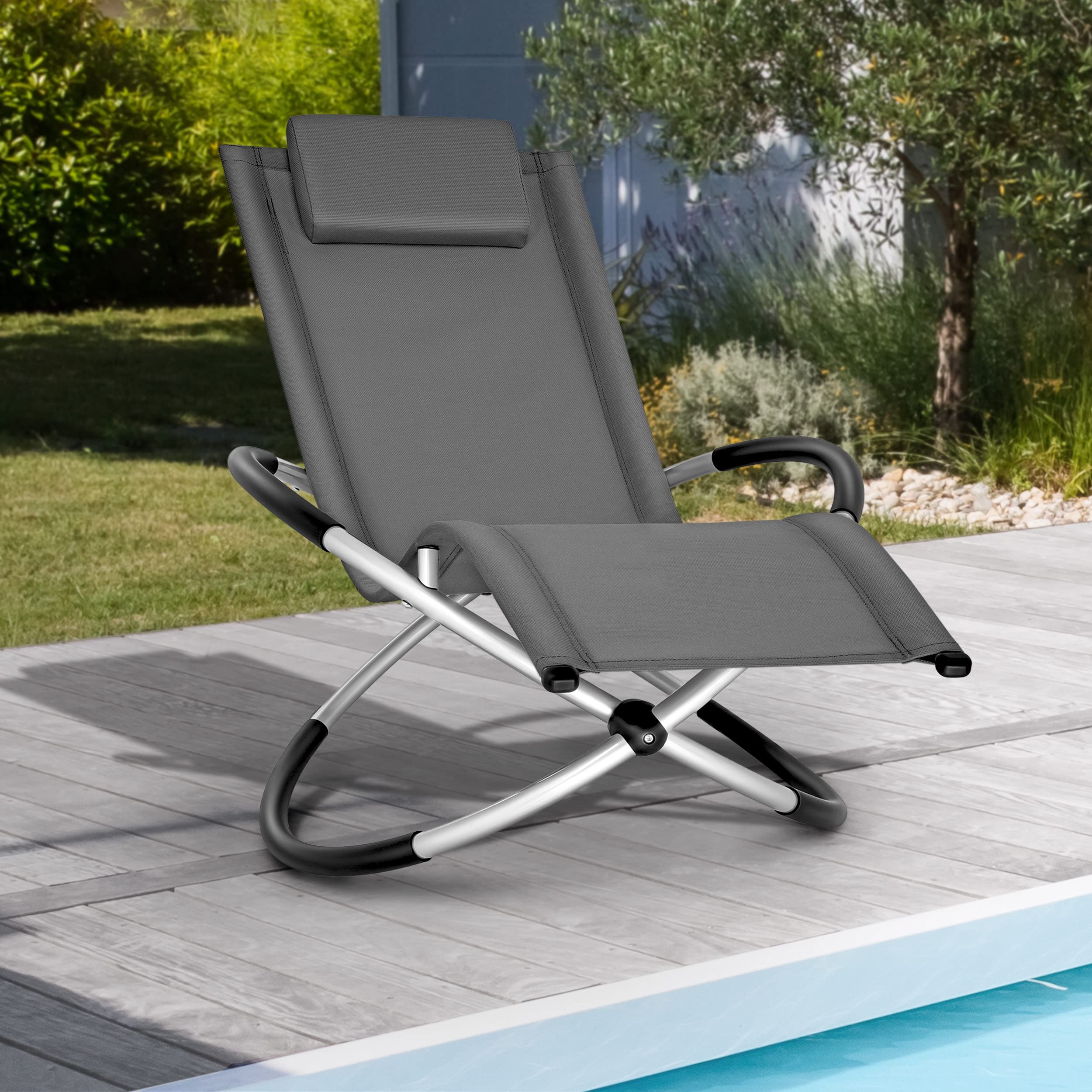 tillvex® Relaxliege Garten Wetterfest bis 180 kg | Liegestuhl atmungsaktiv | Gartenliege Schwungliege Outdoor | Sonnenliege Liegestuhl Terrasse, Balkon & Camping | Schaukelsessel Relaxsessel ergonomisch