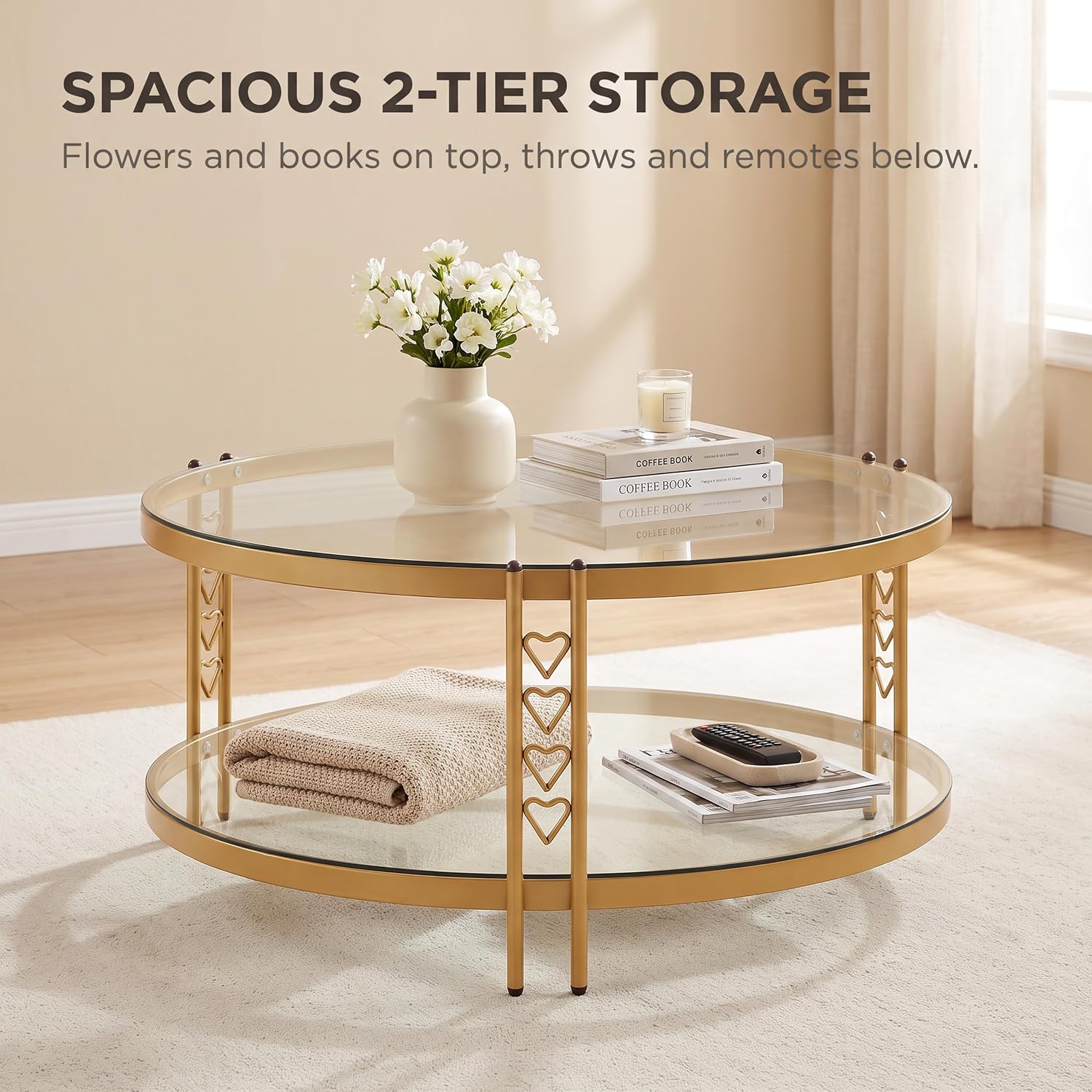 36" Round Glass Coffee Table,Gold Coffee Table with Storage