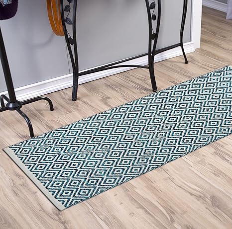 house of handmade- Handwoven Runner for Bedroom, Living Room, Bathroom, Kitchen etc. Anti Skid 100% Cotton Washable Thickness - 10mm Size - 45X130 cm Skin Friendly Color- Blue