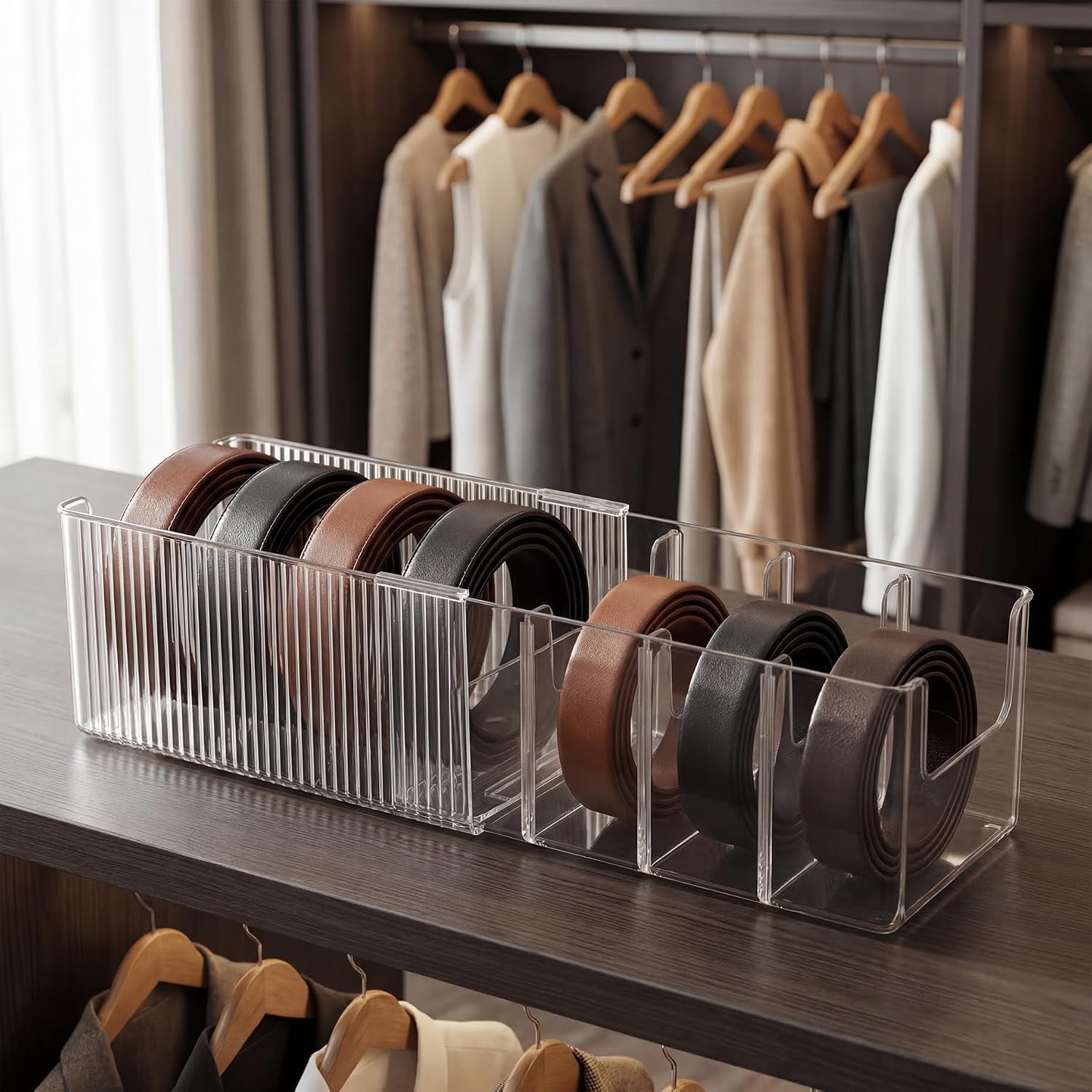 3 Pack Acrylic Belt Organizer, Extendable Belt Holder for Closet, Belt Box with Adjustable Dividers, Clear
